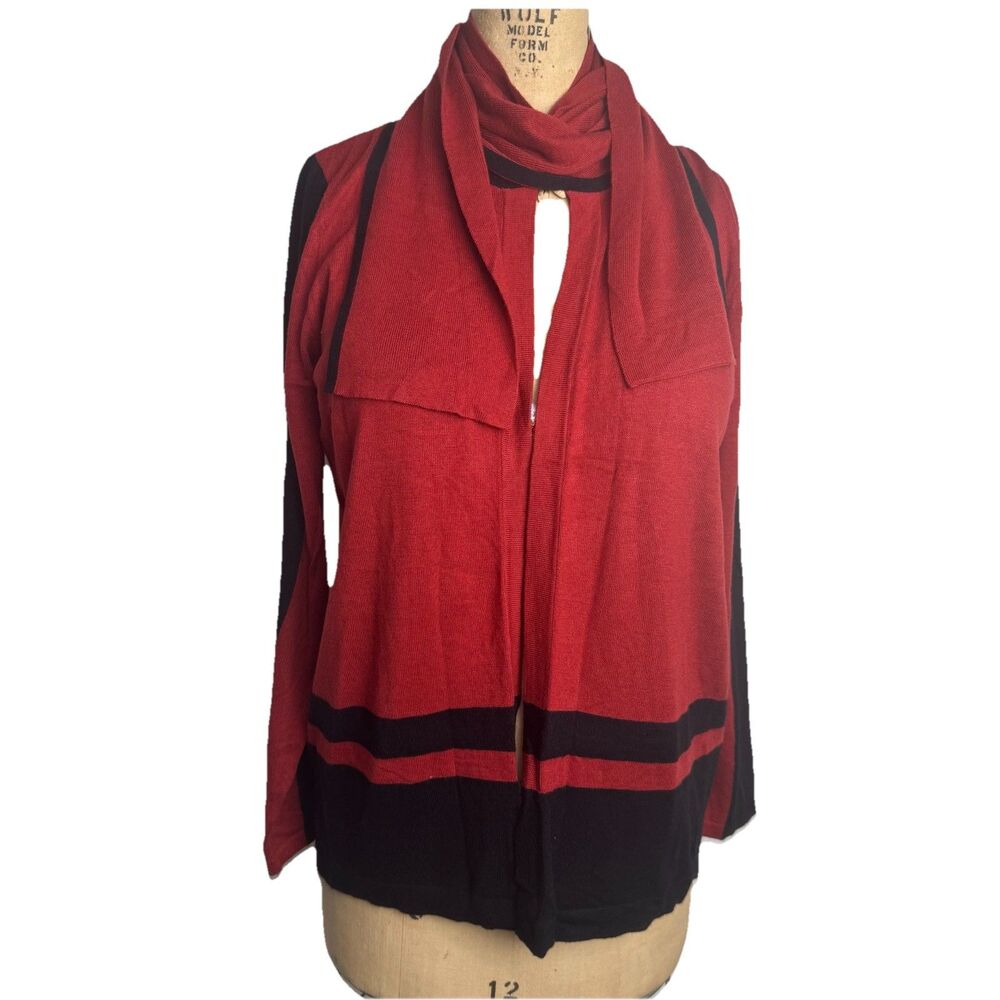August Silk Open Knit Cardigan Sweater Black & Ginger w/ Attached Scarf Tie Sz M